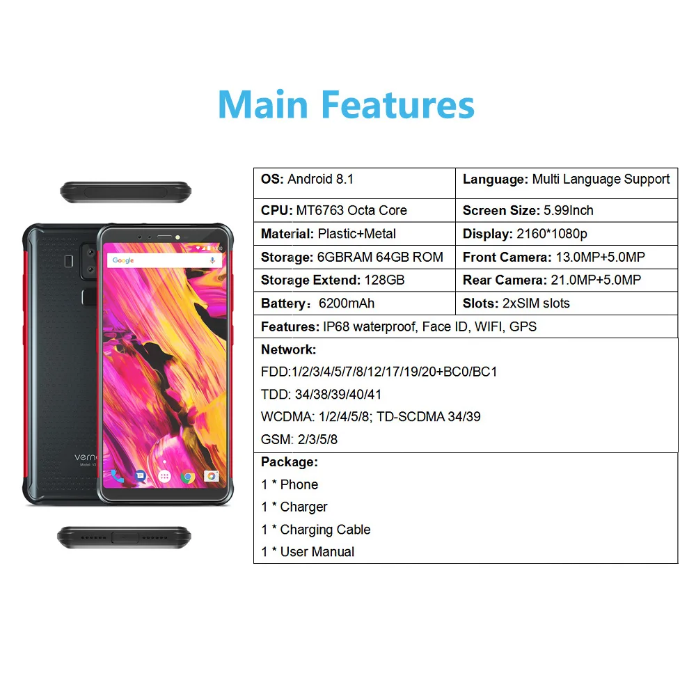 Vernee V2 Pro 4G мобильный телефон IP68 Водонепроницаемый FHD+ 2160*1080p Face ID 6 ГБ+ 64 ГБ 21 Мп+ 5 Мп 13 МП+ 5 МП 4 камеры 6200 мАч прочный телефон