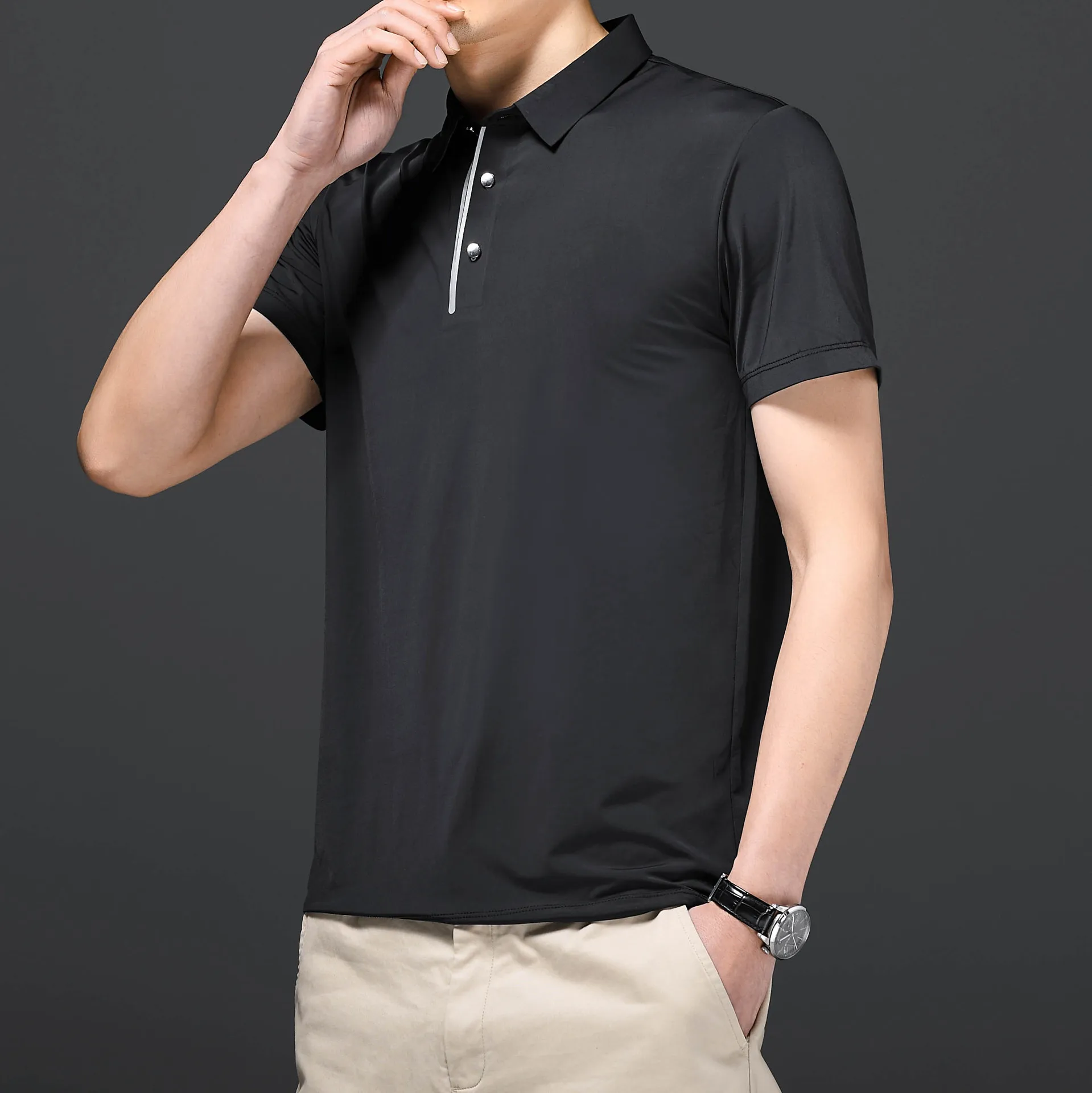 

Ice silk t-shirt men's casual light and simple men's solid color business polo shirt summer cool Lapel short sleeve elastic