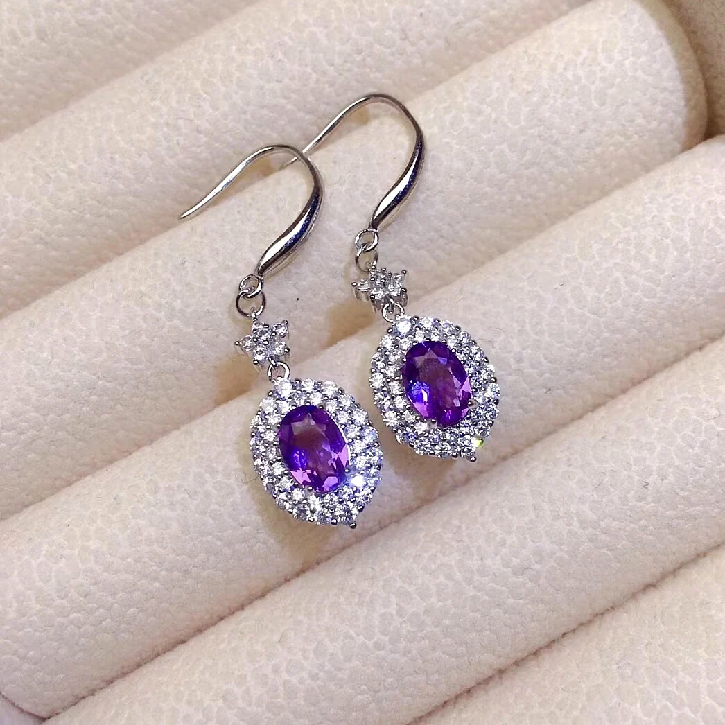 

Classic Amethyst Drop Earrings for Daily Wear 5mm*7mm VVS Grade Natural Amethyst Eardrop Solid 925 Silver Amethyst Jewelry