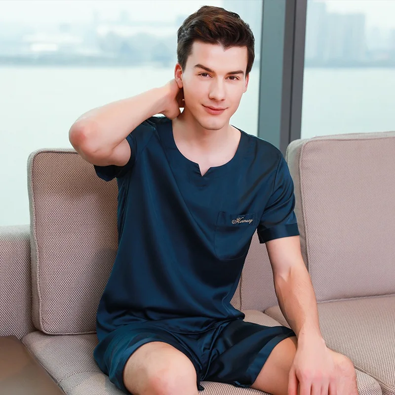 

Short Sleeve T-Shirt Men Pajamas Sets 2PCS Satin Pocket Pyjamas Sleep Suit Sleepwear Nightwear Summer New Loose Home Wear L-3XL