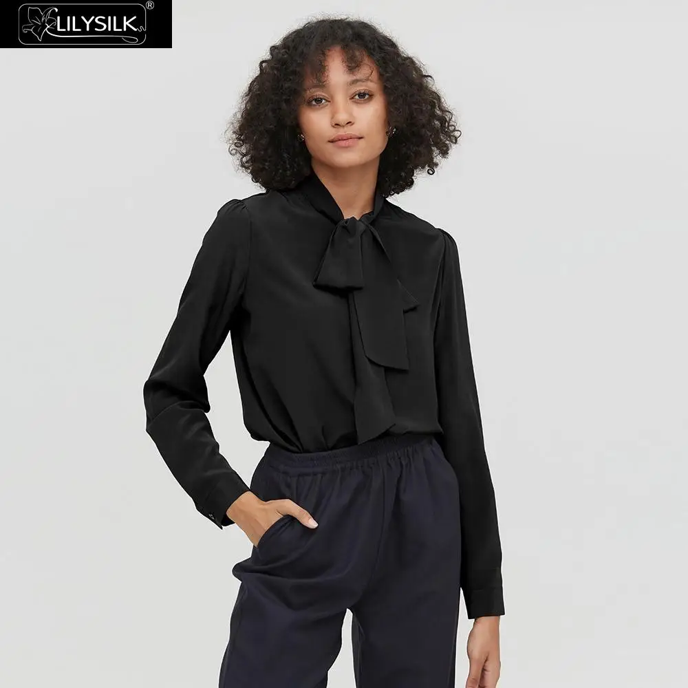 Black LilySilk Блузка шелковая с галстуком-бабочкой на шее Классическая Женская Новинка - Цвет: Black