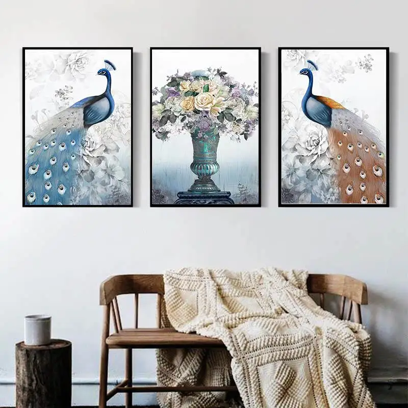 Модульная картина с рисунком розового пера HD каркас 3 панели павлин