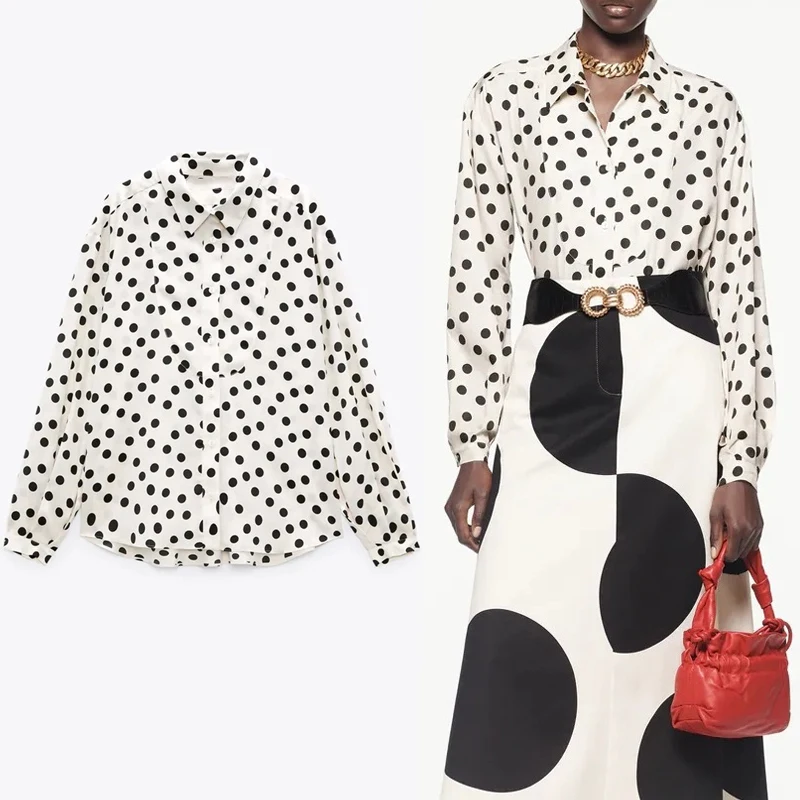 

Блузка TRAF Za Женская с длинным рукавом, Повседневная рубашка в горошек, на пуговицах, Дамский Топ с воротником, лето 2021