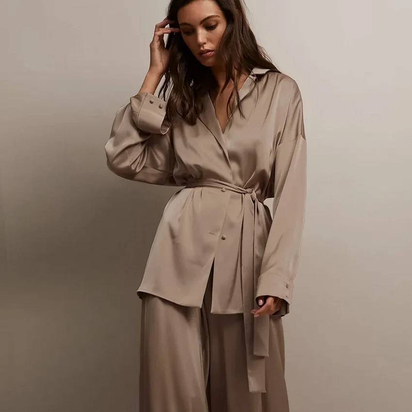 2021 New Women Pajamas Comfortable and Breathable Nightgown Trousers Female Simulation Silk Simple French Home Service 2 Pieces