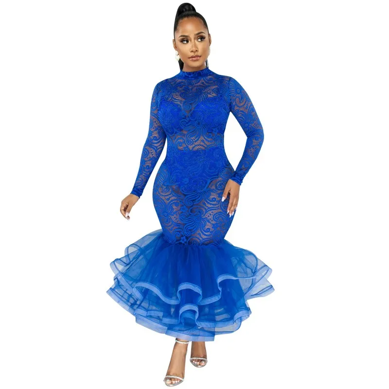 

Long Lace Dress Women Full Sleeve Skinny Hollow Out Sexy Robes Fashion New Sexy Mesh Patchwork Party Mermaid Dress Vestidos 2022