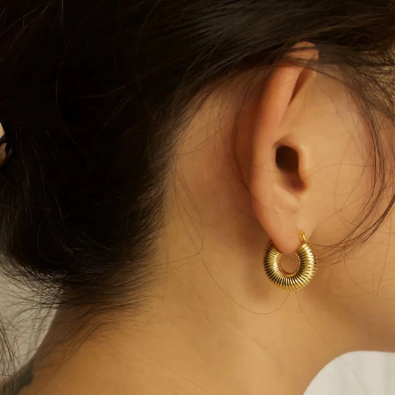 

Tarnish Free 18K Gold Color Hoops Precious Stainless Steel Stud Earrings for Women Vintage Exquisite Carved Jewelry 2021
