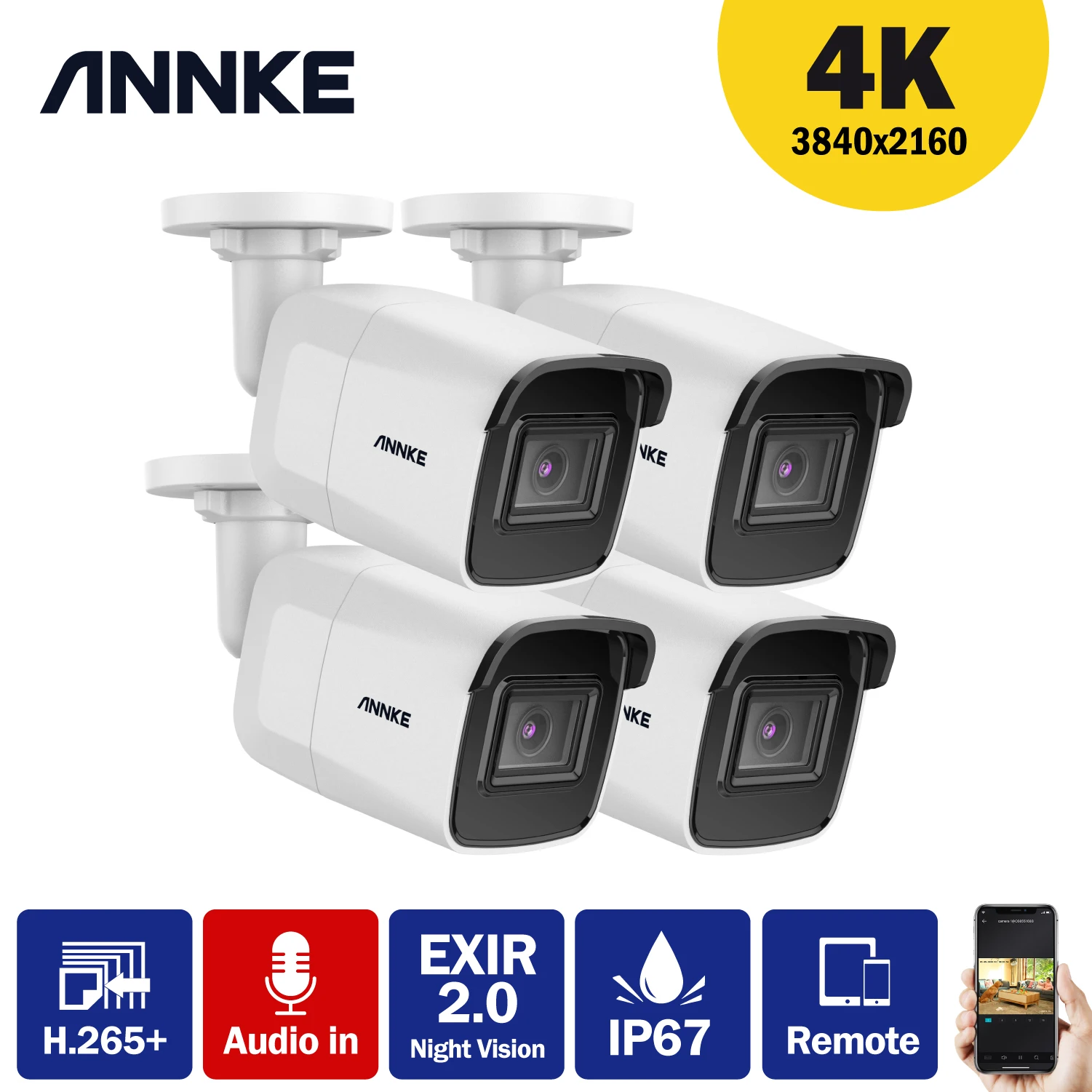 Камера видеонаблюдения ANNKE 4X Ultra HD 8 Мп 4K с функцией ночного видения|Камеры