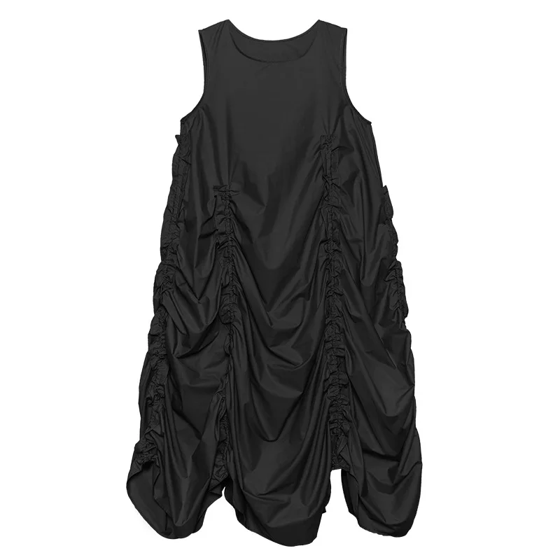 

INS Trend A Line Dress Ankle Length O Neck Avocado Green Fashion Lady Streetwear Summer Shirring Tank Skirt Women Dropshipping