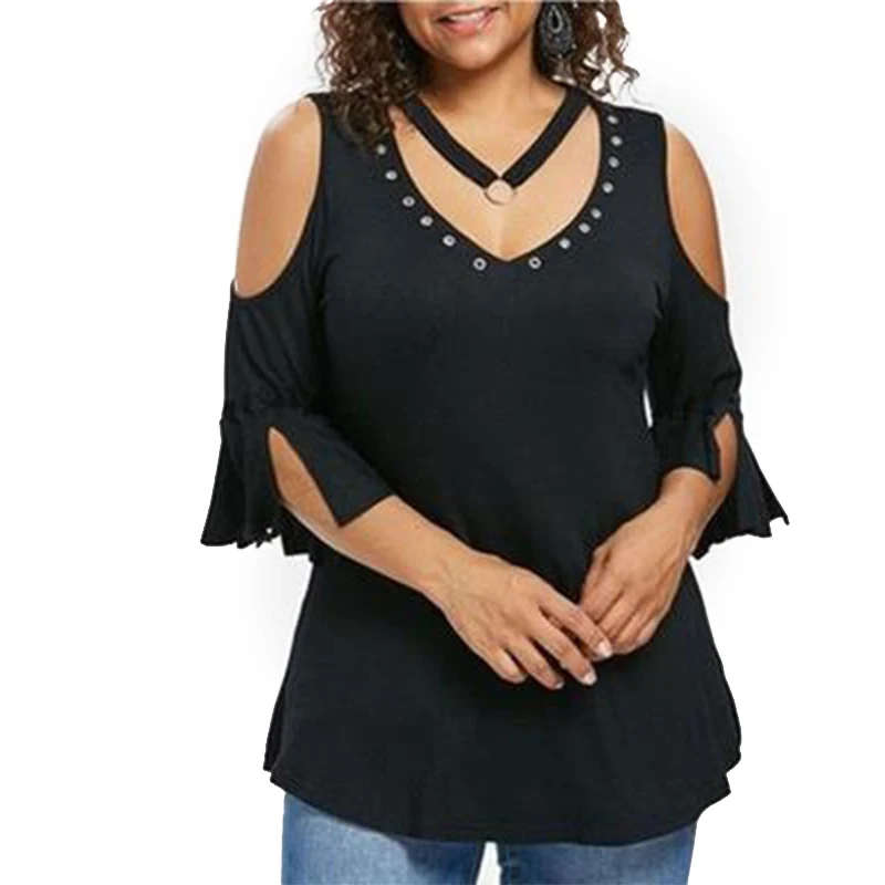 

Pop Women Tops V Collar Short Split Sleeve Off Shoulder Casual Blouse Pop 88