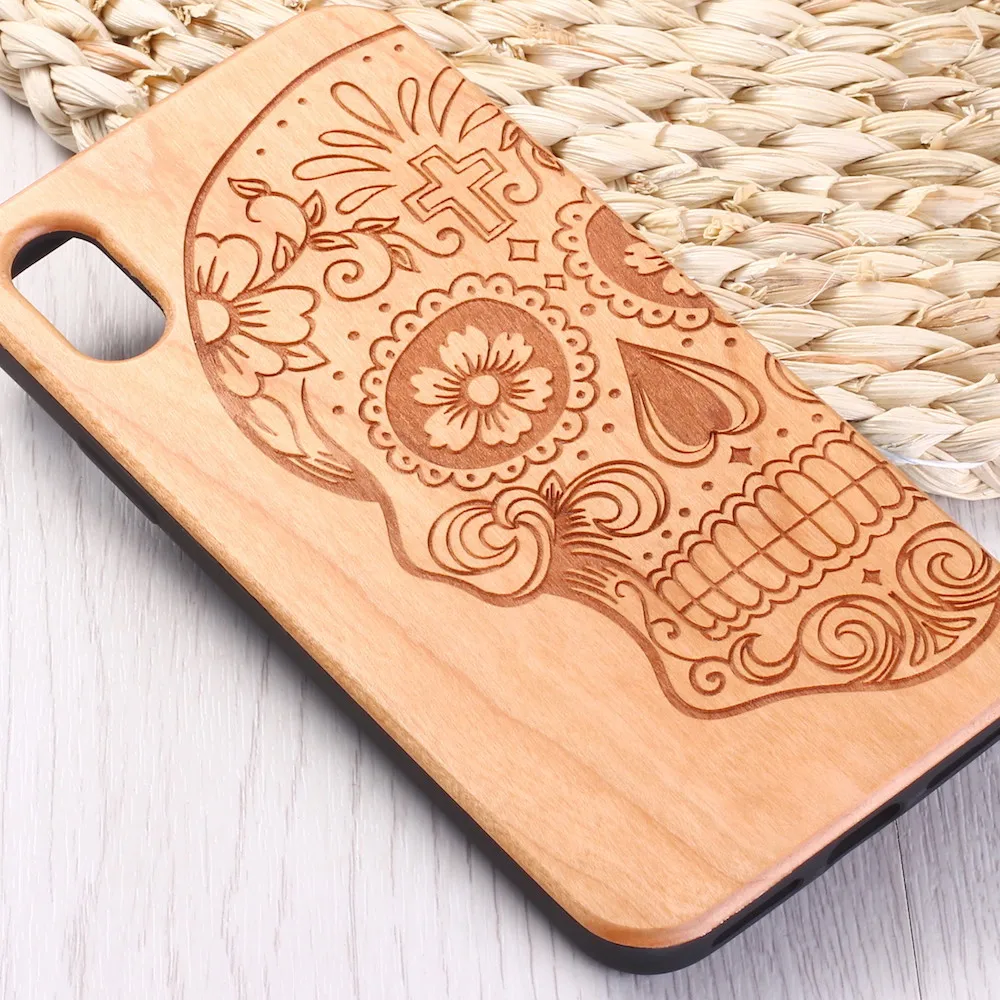 Mexican skull Vintage Floral Engraved Wood Phone Case Coque Funda For iPhone 14 14ProMax 14Plus 13Promax 13 12 11