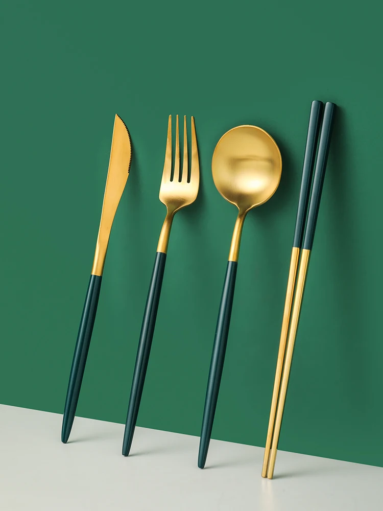 

Steak Knife and Fork Plate Set Internet Celebrity Knife, Fork and Spoon Household Three-Piece Set Stainless Steel Fork Spoon
