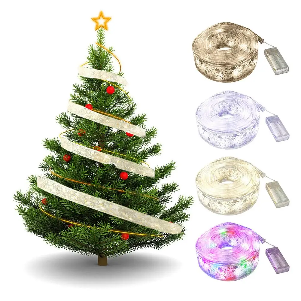 

50 LED 5M Double Layer Fairy Lights Strings Christmas Ribbon Bows With LED Christmas Tree Ornaments New Year Navidad Home Decor