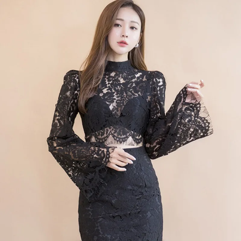 Привлекательный кружевной Женский комплект из двух предметов короткий топ с