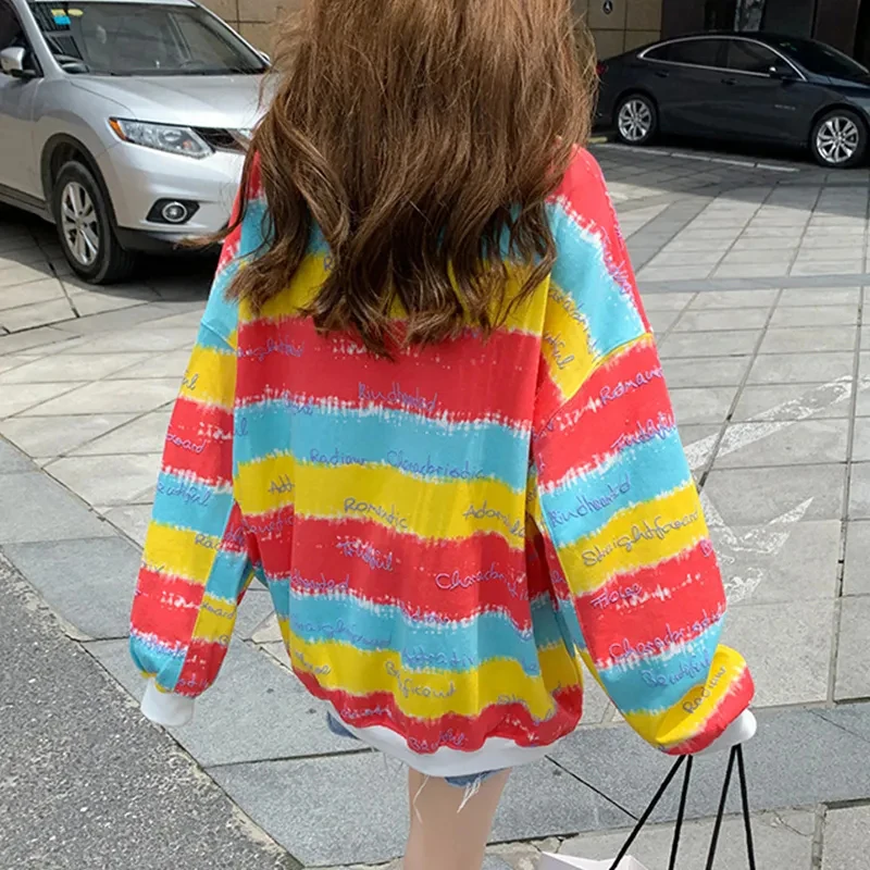

Rainbow round neck sweater women spring and autumn 2021 new loose pullover Korean fashion striped oversized pullover women