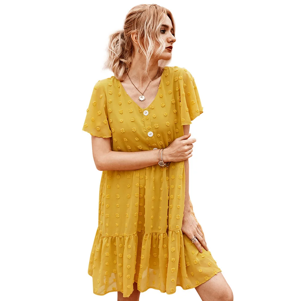 

Jelics 2020 Summer Solid Loose Mini Dress Women Short Sleeve V-neck Empire Waist Ruffle OL Dress Vestido Female