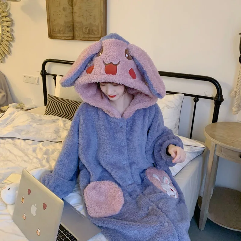 

Pajama Set Women Winter Age-reducing Cartoon Embroidery Rabbit Ears Hooded Coral Velvet Home Clothes Sweet Casual Suit Women