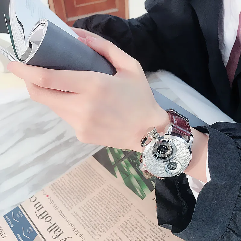 Крутые серебряные мужские часы с двойным дисплеем металлическим циферблатом