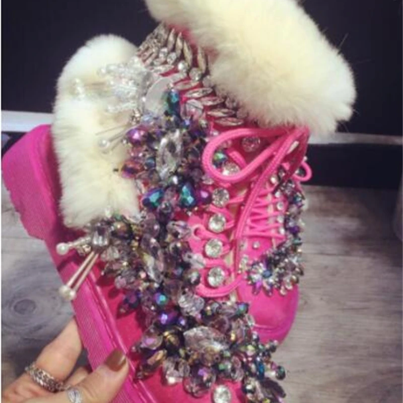 

2019 pink Winter women's boots European station heavy work beaded red beads rabbit fur Martin boots