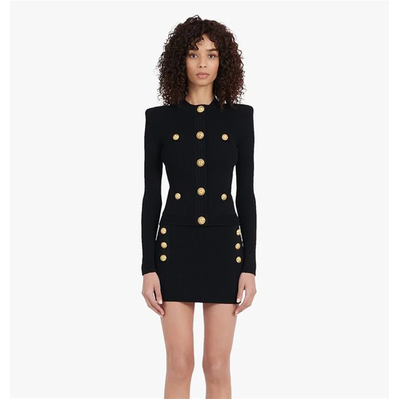 

2021 NEW Early autumn, small fragrance, temperament, slim, thin, heavy metal buckle, short knit top, hip skirt, two-piece suit