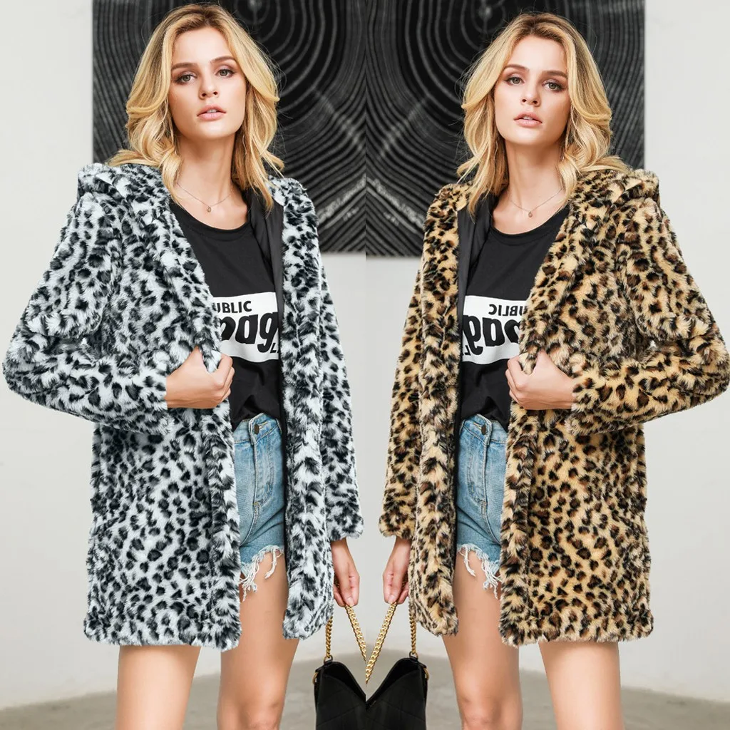 

Mandylandy Women's Winter Fleece Leopard Print Hooded Coat Hoodies Ladies Casual Fashion Long Sleeve Loose Jacket Outwear