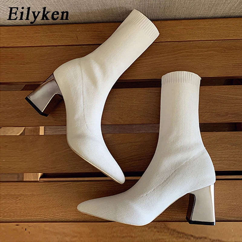 Eilyken/вязаные эластичные женские ботинки Ботильоны на высоком каблуке Теплые