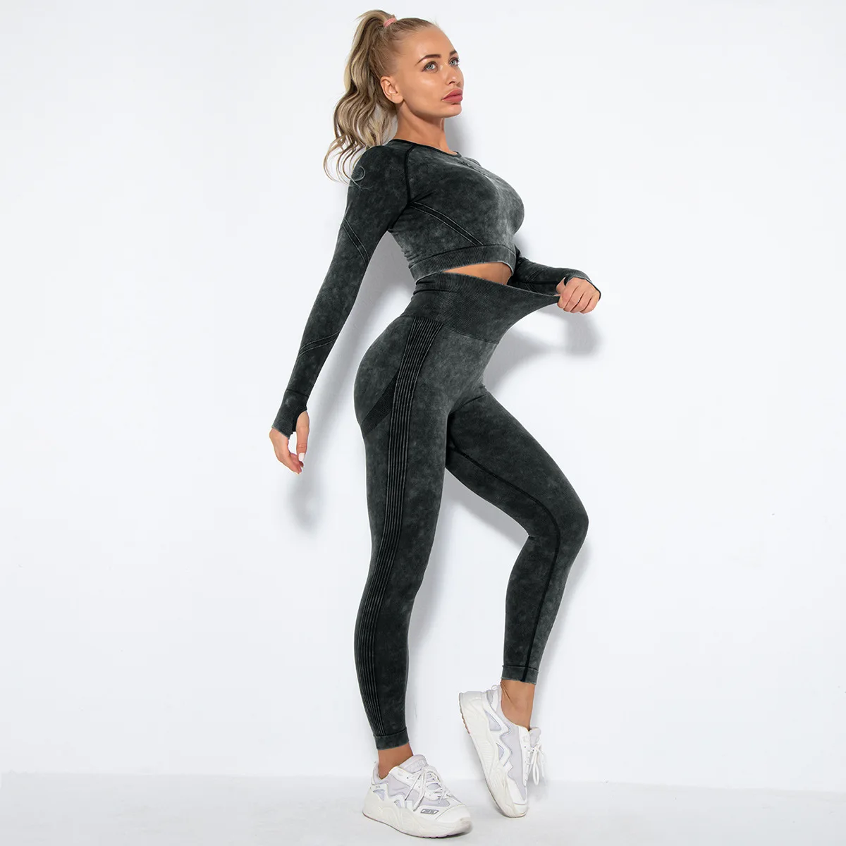 Yoga Suit Seamless Set Women 2 Piece Gym Sportwear Booty Scrunch Sport Leggings And Top Long Sleeve Shirts High Elastic Workout | Спорт и