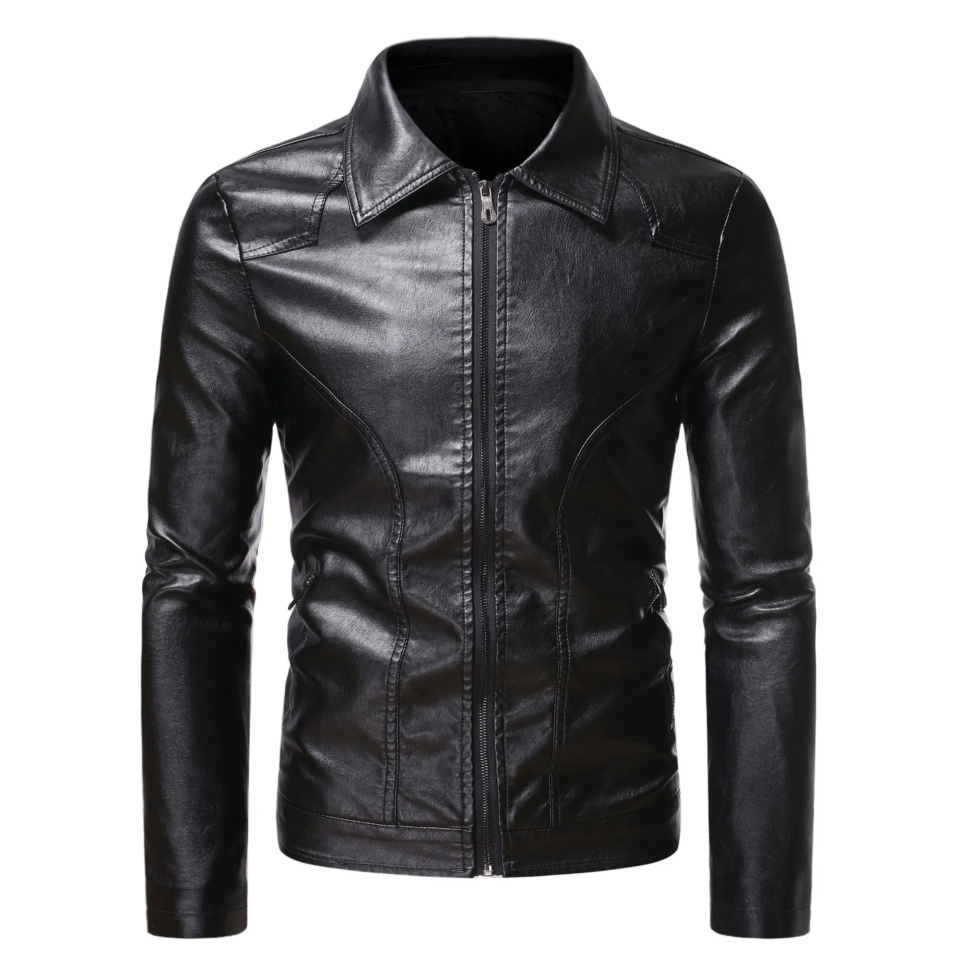 

2021 Men's Motorcycle Slim-Fit Handsome Side Zipper and Lapel Leather Jacket Youth Business Simplicity Casual PU Leather Jacket