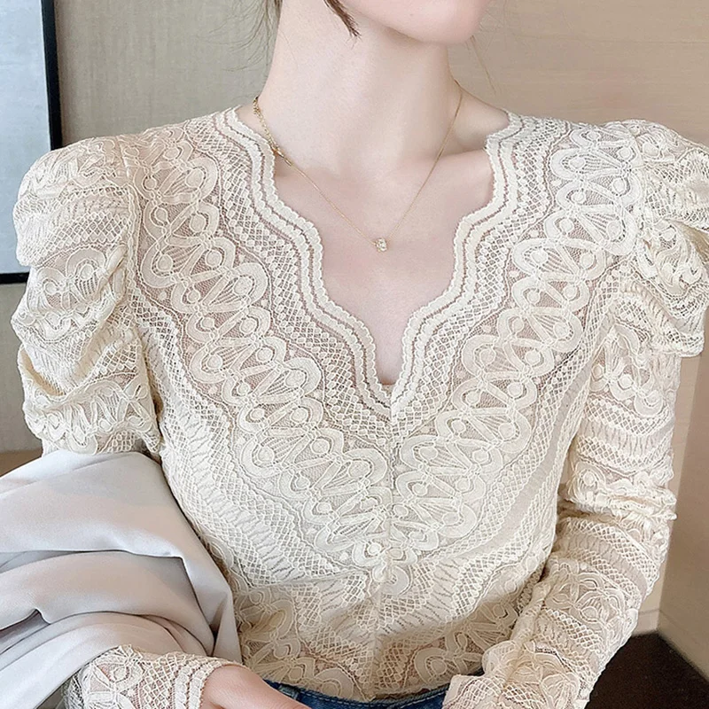 

New 2021 Spring Women Blouse Shirt Fashion Elegant Slim V-Neck Lace Tops And Shirt Solid Color Hollow Out Female Shirt