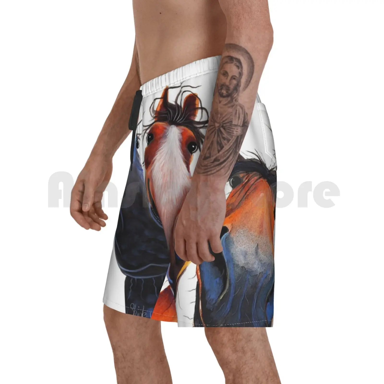 

Happy Horse Print ' Who Left The Gate Open  ' By Shirley Macarthur Beach Shorts Men Beach Pants Swimwear Horse