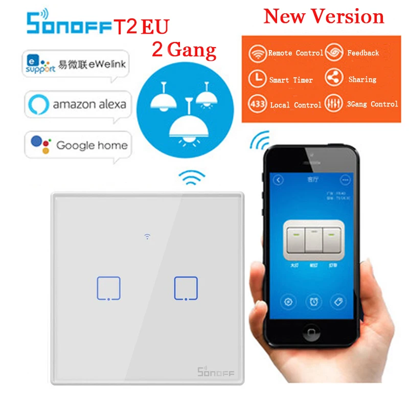Sonoff t2 EU 2gang Sonoff TX T2 ЕС США Wifi умный настенный переключатель умный дом дистанционное управление таймер переключатель со стеклянной панелью работа с Alexa Google Home - Комплект: Sonoff t2 EU 2gang