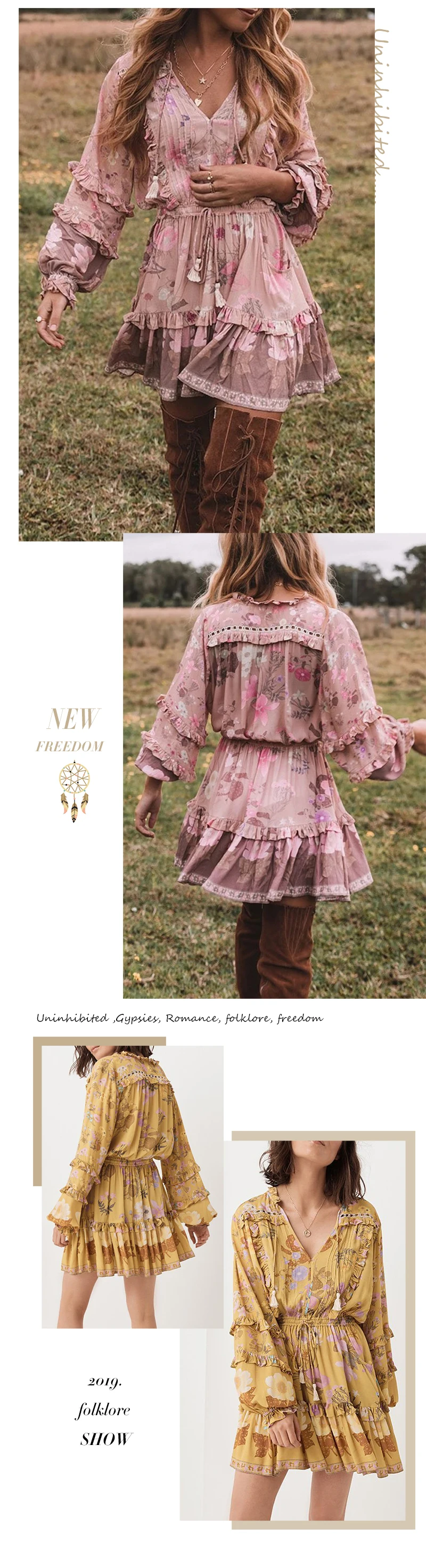 Everkaki/мини-платье с оборками для женщин, Boho, с принтом, кисточками, поясом, с завязками, с длинным рукавом, женские короткие платья, женские,, осень, Новинка