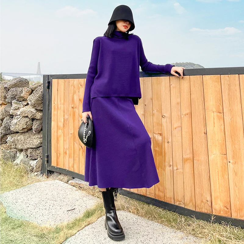

Knitting Half-body Skirt Two Pieces Suit New Turtleneck Long Sleeve Purple Loose Women Fashion Spring Autumn 2021 1DD3836