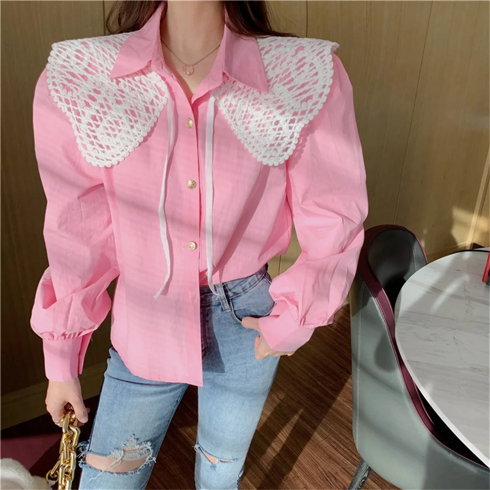 

HziriP Lace Girls Puff Sleeve Shirts With Shawl Sweet Loose All Match New 2021 Stylish Casual High Street Tops Two Pieces Suits