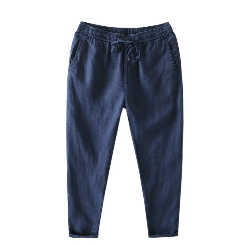 

Summer Cotton Linen Pant Japan Style Solid Color Soft Breathable Beach Holiday Home Straight Ankle Length Trousers For Man Male