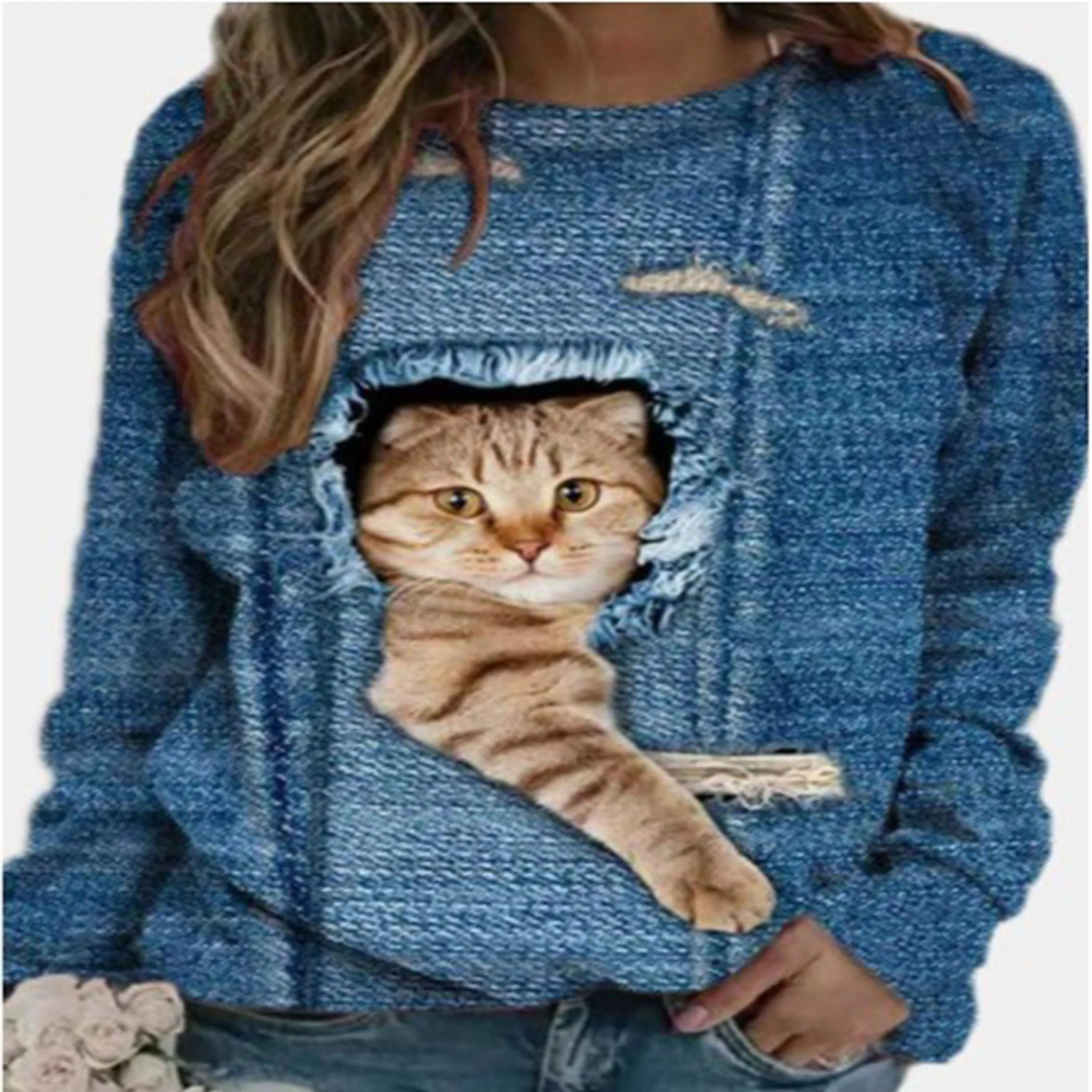 

szw2021 New Women's Sweatshirts Cat Print Cute Shirt Fashion Spring Blouse Autumn Casual Long Sleeve Tee O-Neck Loose Pullover