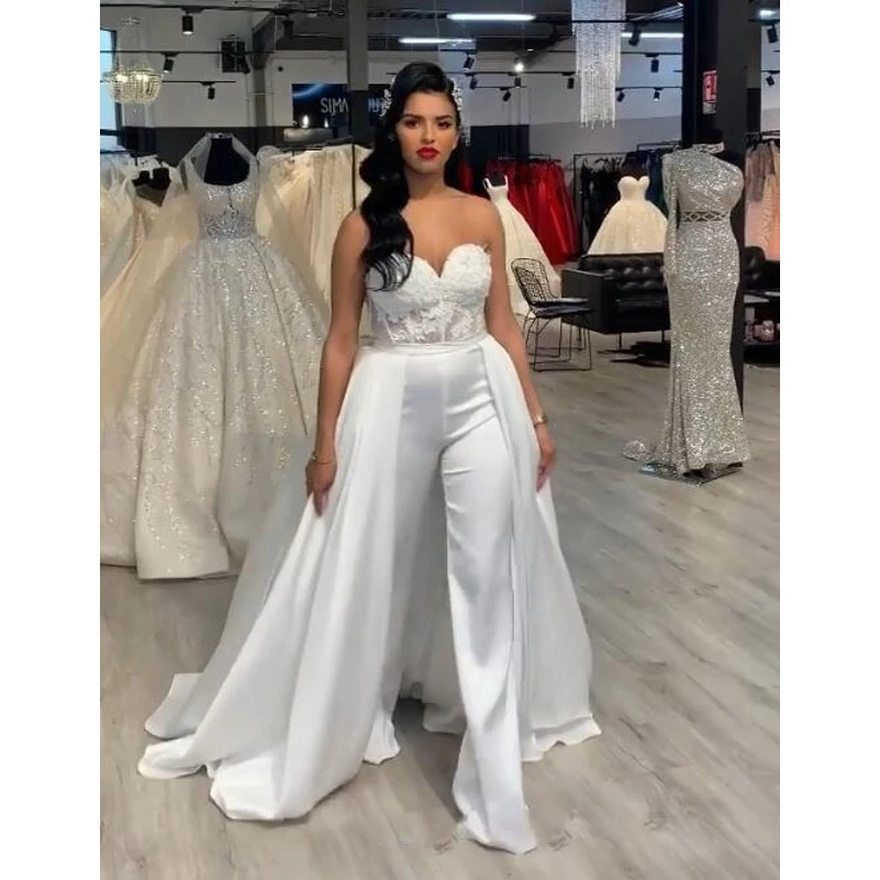 

Dubai Jumpsuits Evening Dresses Pant Suits Removable Skirt Sweetheart Formal Party Gowns Evening Dress Applique abiye