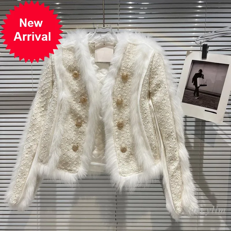 

Fox Fur Tweed Jacket Women 2021 Winter New Double Breasted Quilted Coats Ladies Short Outwears Warm Street Chic Top
