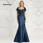 Кружевное платье-Русалка для матери невесты, элегантное темно-синее платье с аппликацией и рукавами-крылышками, платья полной длины с бисером для гостей свадьбы, новинка 2022