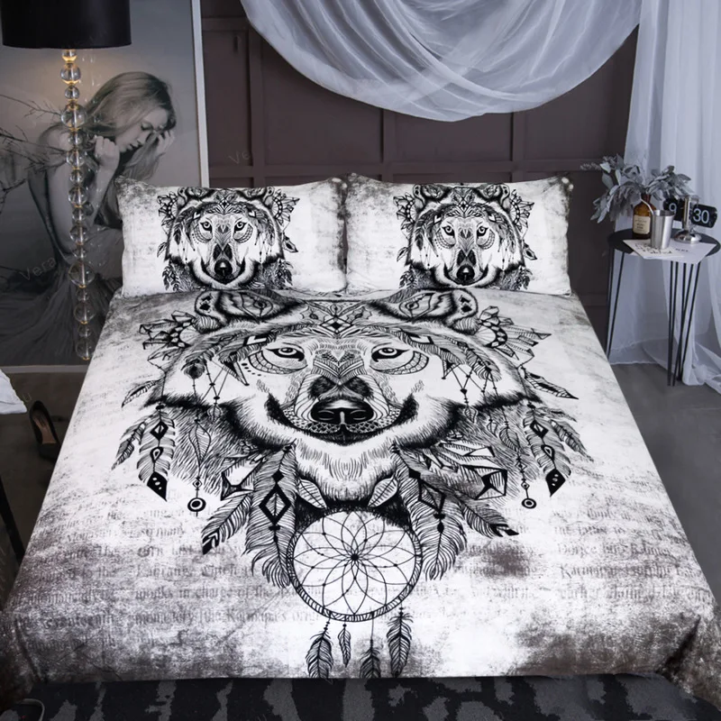 

Male Wolf Pattern Home Textile Quilt Cover with 2 Pillowcase 3D Printing Fashion Bedding 3 Pcs Set and Sheet