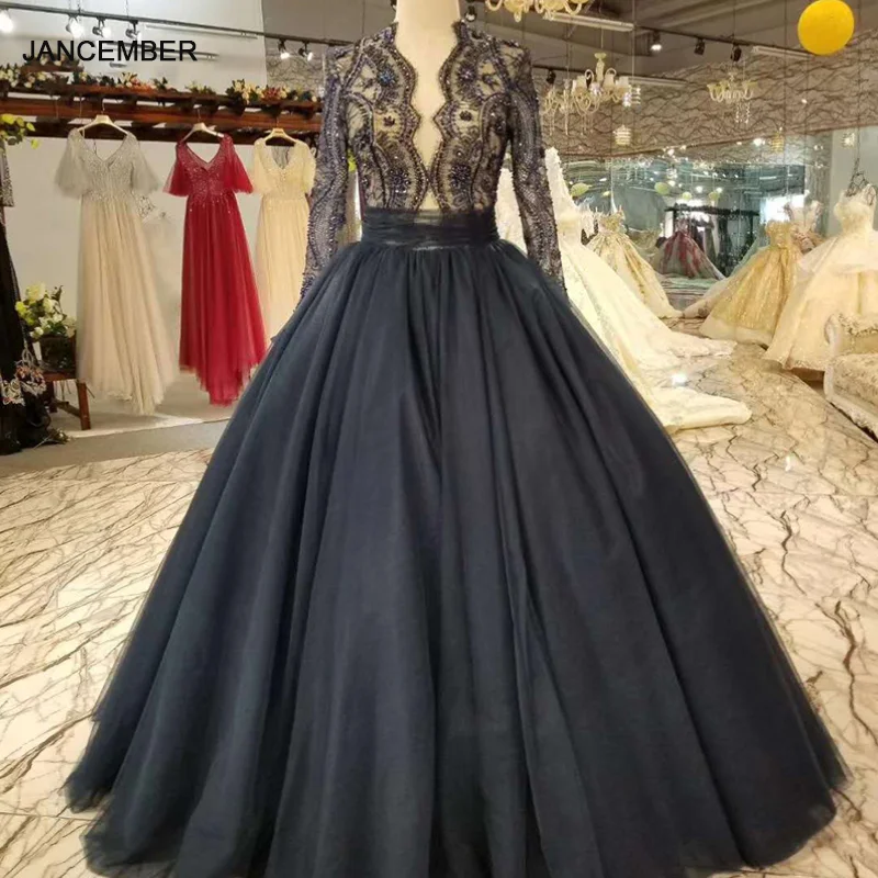 LSS028 простой кружевной темно-синий вечернее платье с бисером длинным рукавом