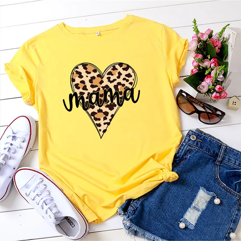 

Cotton Mom T-shirt Women Summer Plus Size Cute Leopard Heart Print Graphic Mama T Shirts Short Sleeve Casual Oversized Tees Tops