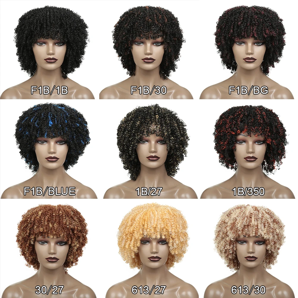

Golden Beauty 12inch Synthetic Afro Kinky Curly Wig Short Bob Wigs With Bangs Soft Fiber Black Wig Mixed Blonde Blue Red Colors