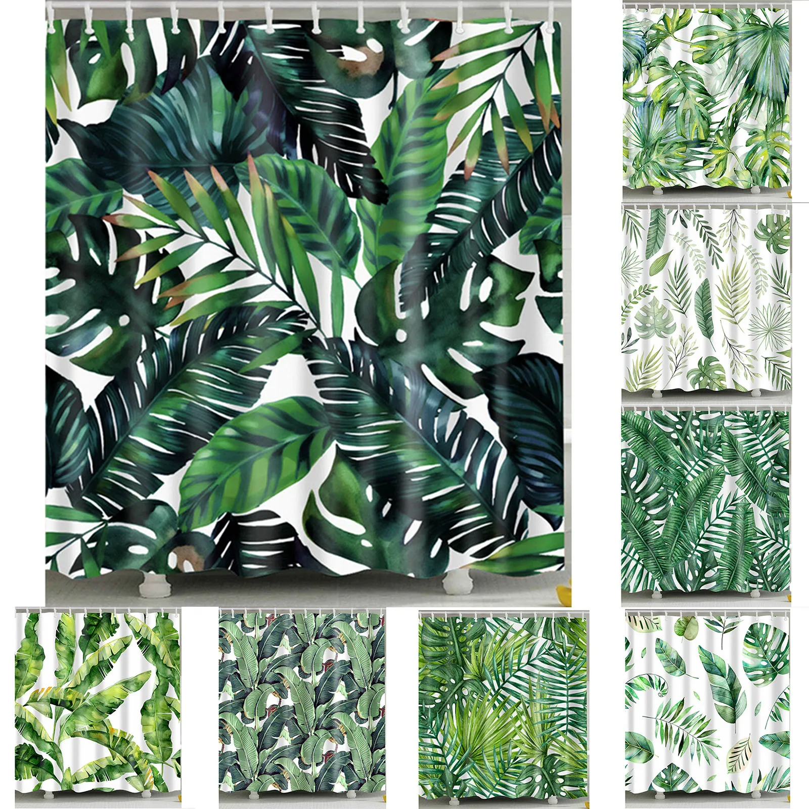 

Tropical Green Plant Foliage Leaf Palm Cactus Shower Frabic Waterproof Mildewproof Polyester Bathroom Curtain With Hooks 1Piece