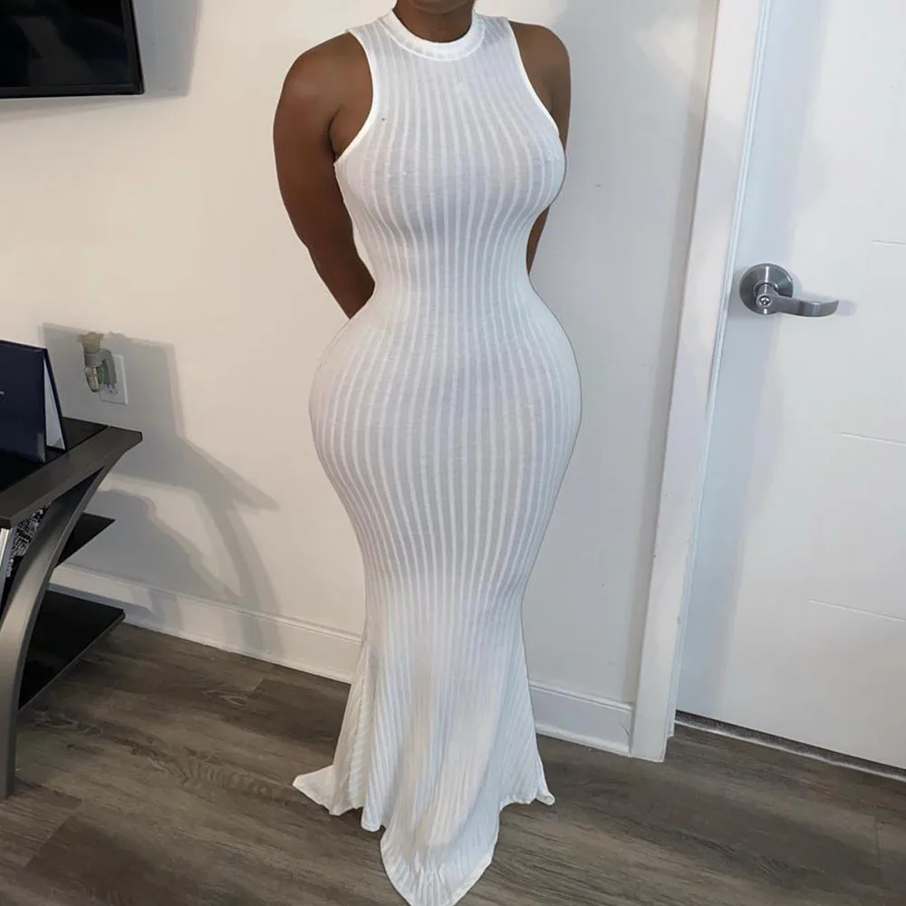 

Sexy Knitted Ribbed Evening Party Mermaid Dress Women O-neck Sleeveless Elegant Celebrity Bodycon Maxi Long Dresses Robe Femme