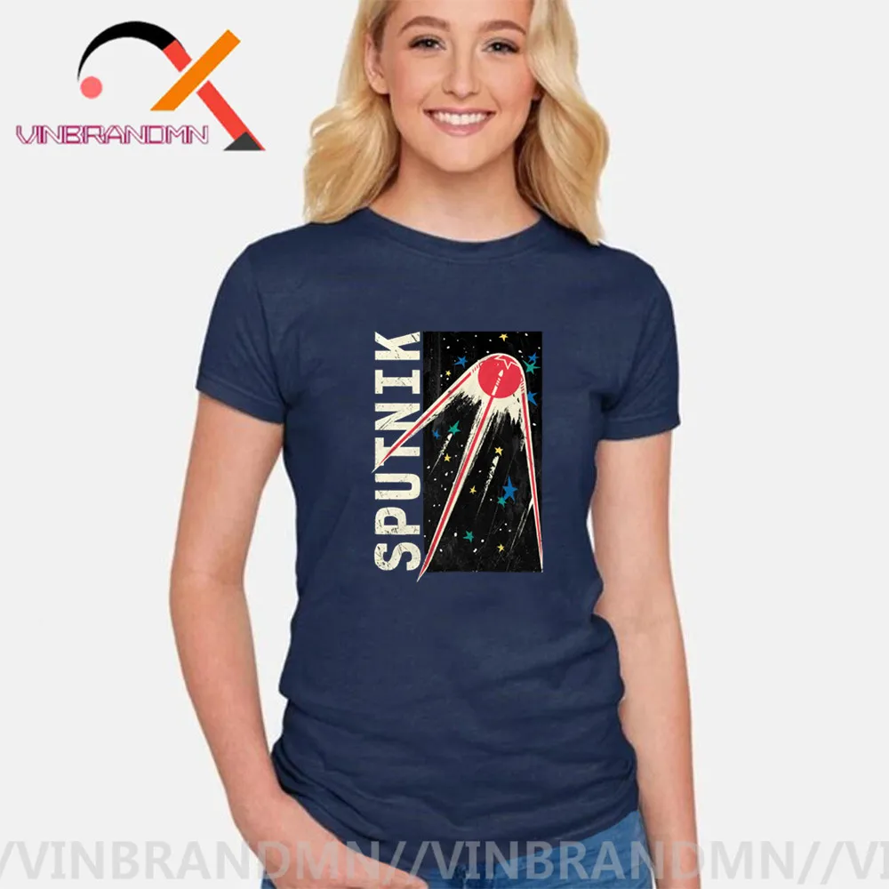 Vintage Sputnik Stars CCCP T shirt woman Personalized Tees Russian Yuri Gagarin T-shirt Custom Retro style Tops Hipster Tee | Женская