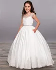 Скромные трапециевидные платья принцессы с цветами для девочек на свадьбу с драгоценным вырезом с кристаллами кружевами для девочек нарядное платье для первого причастия