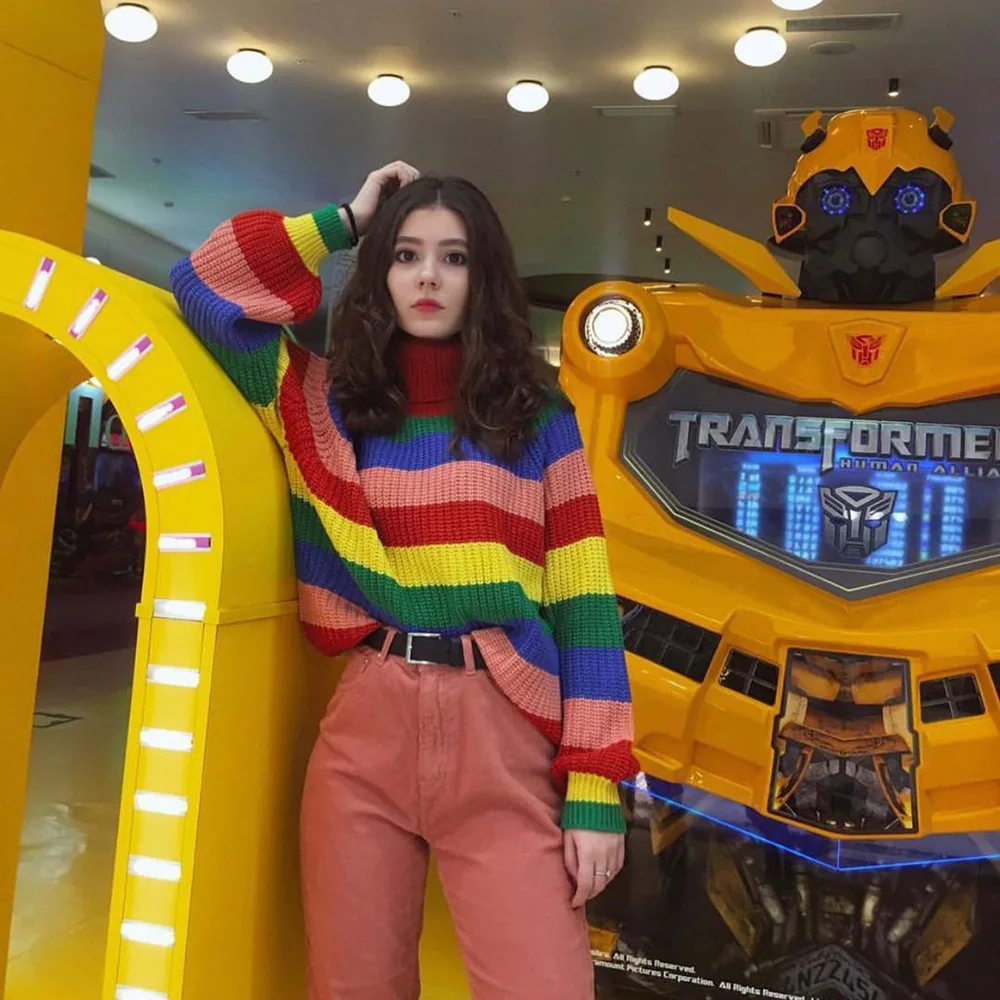 Свитер женский трикотажный в радужную полоску на осень cws0309-5 | Женская одежда