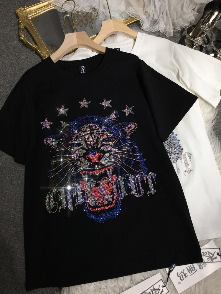 

2021 Women's New Spring Hot Drilling Black T-shirt Short Sleeve Women's Round Neck Tiger Head Loose Casual Top