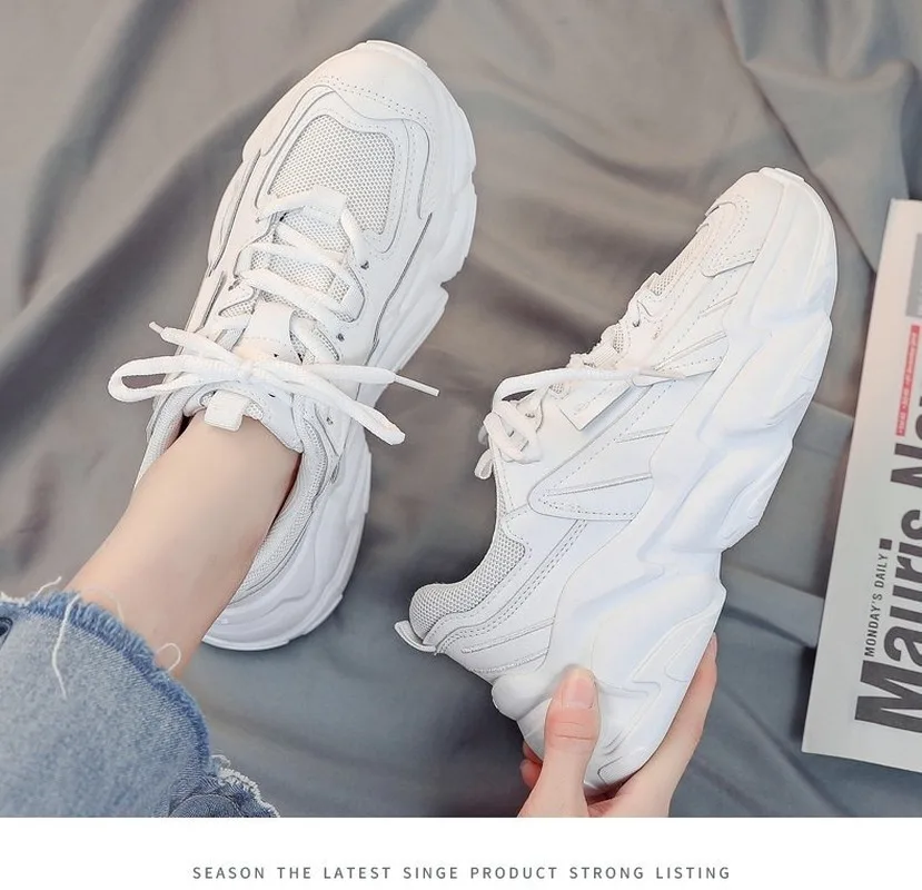 

Women Sneakers Shoes White 2021 Spring Sport Thick Sole Lady Leisure Shoes Lace Up Comfortable Women Chunky Sneakers