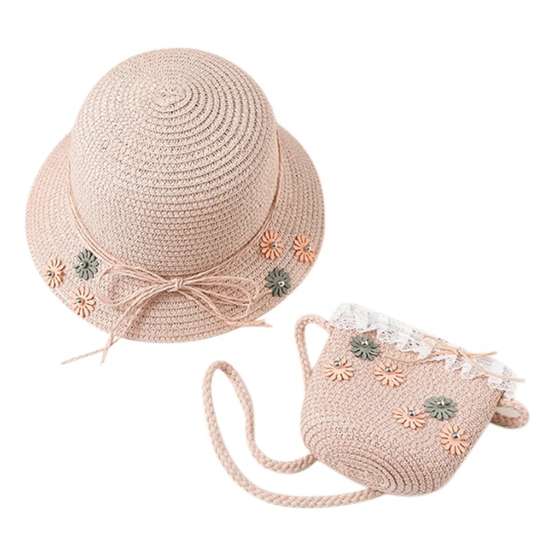 

Детская пляжная соломенная шляпа с цветами для девочек и сумка через плечо, Детская летняя Солнцезащитная шляпа